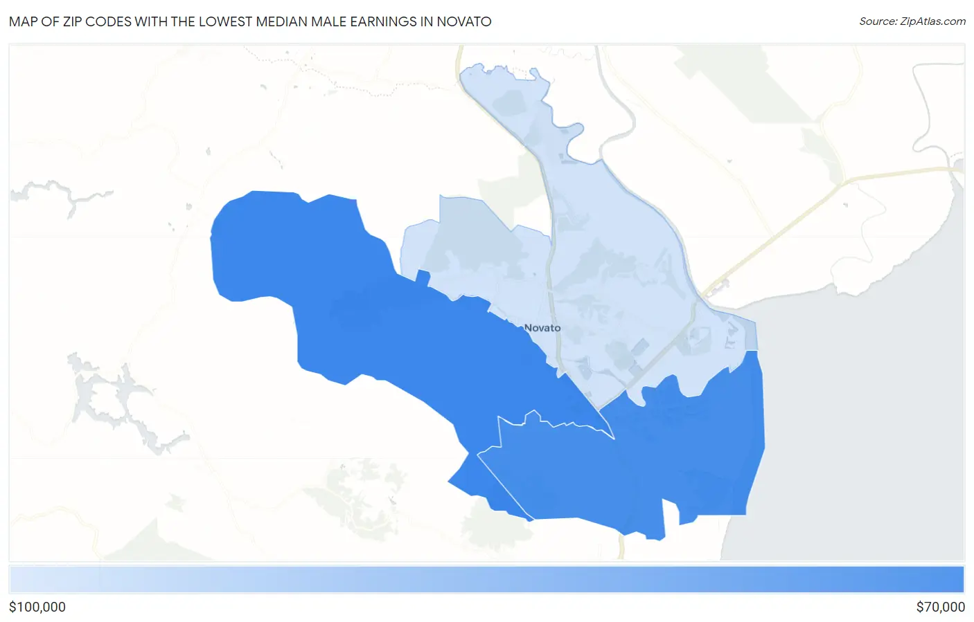 Zip Codes with the Lowest Median Male Earnings in Novato Map