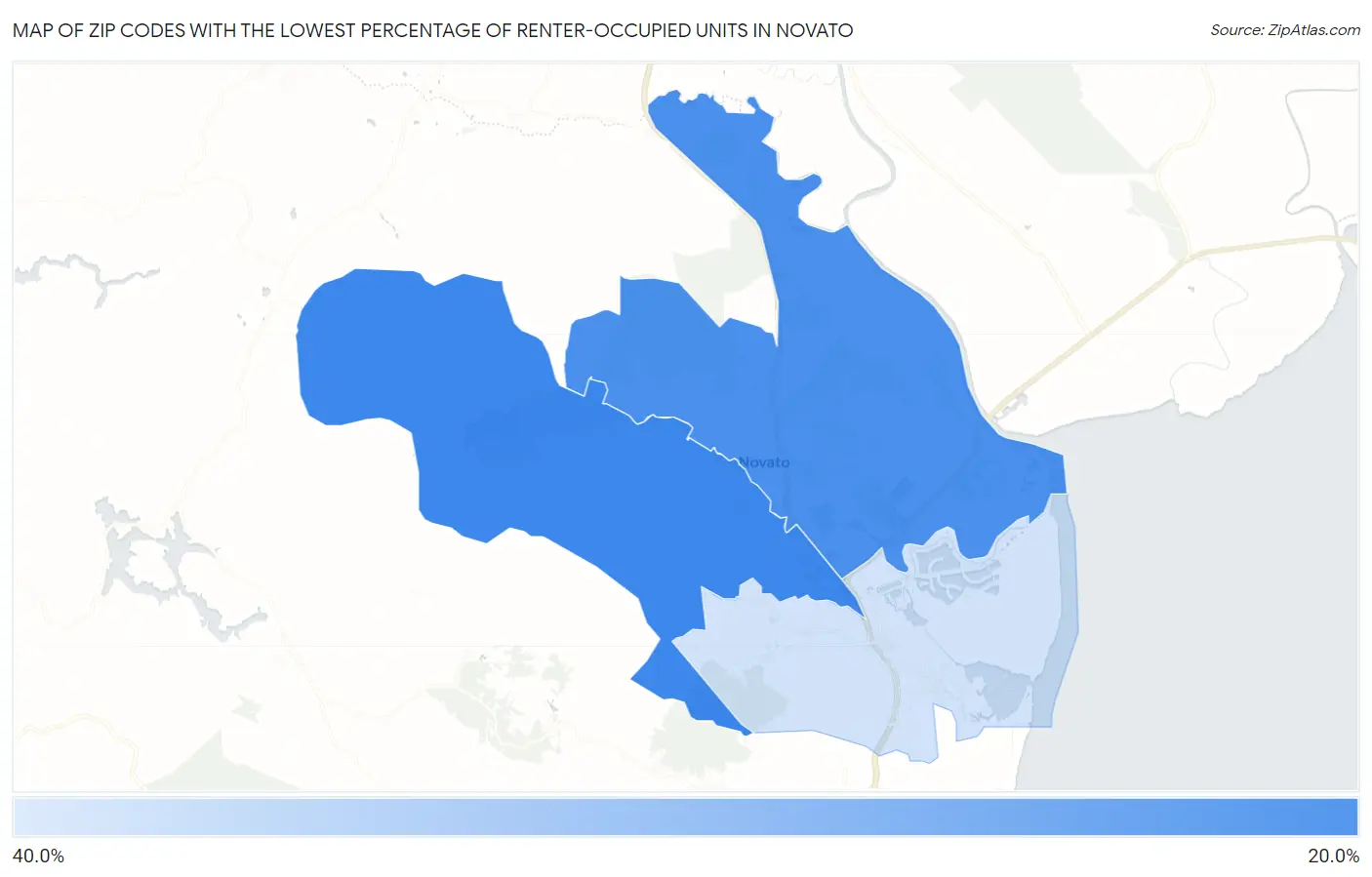 Zip Codes with the Lowest Percentage of Renter-Occupied Units in Novato Map
