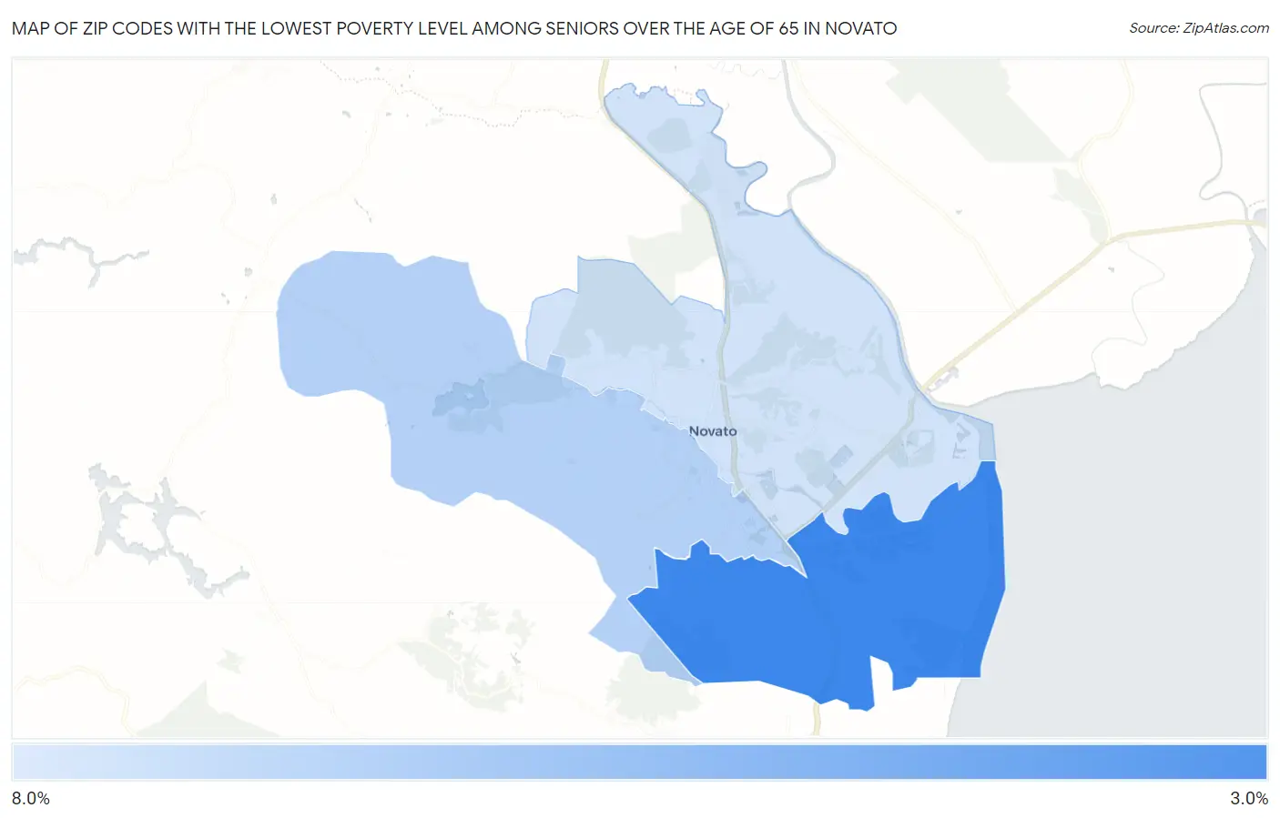 Zip Codes with the Lowest Poverty Level Among Seniors Over the Age of 65 in Novato Map