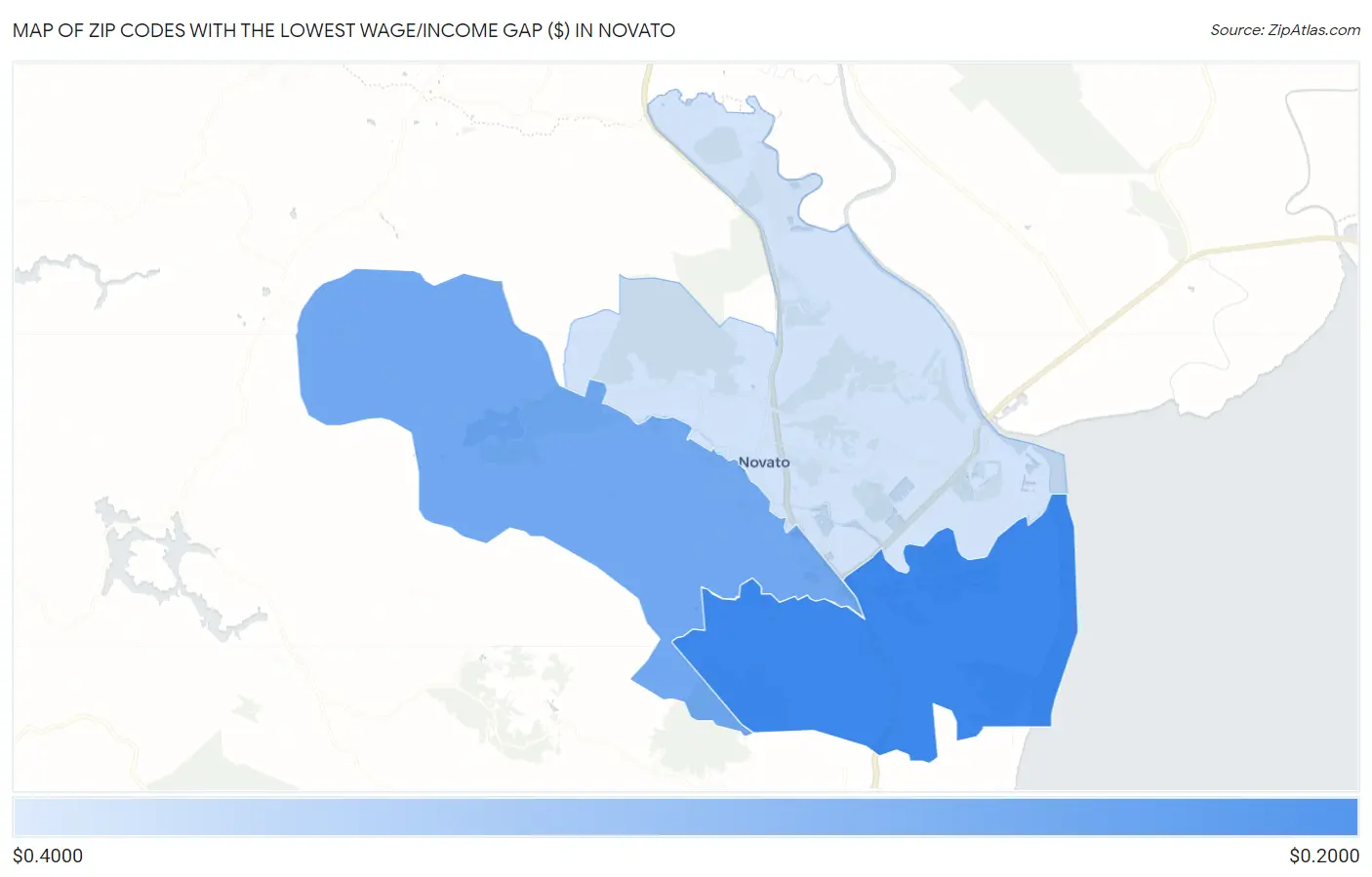 Zip Codes with the Lowest Wage/Income Gap ($) in Novato Map