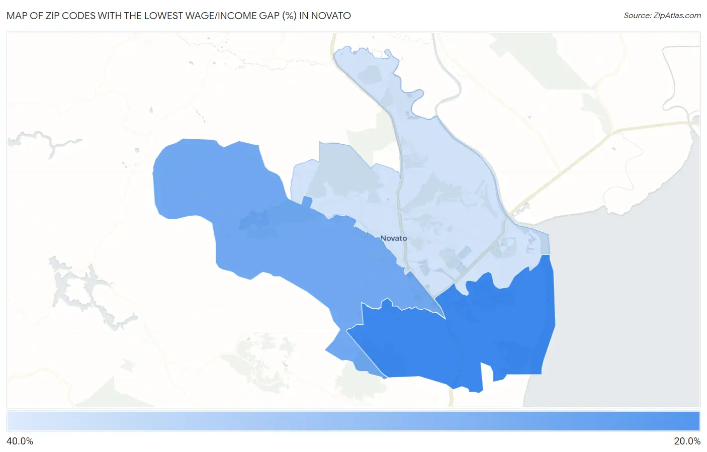Zip Codes with the Lowest Wage/Income Gap (%) in Novato Map