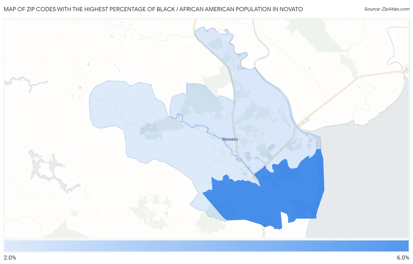 Zip Codes with the Highest Percentage of Black / African American Population in Novato Map