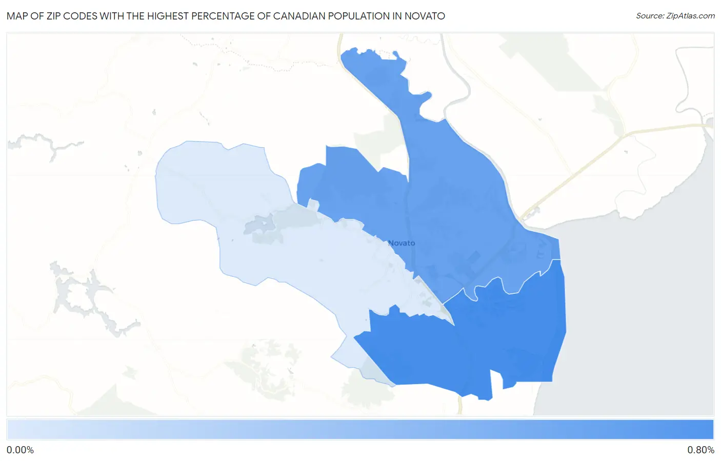 Zip Codes with the Highest Percentage of Canadian Population in Novato Map