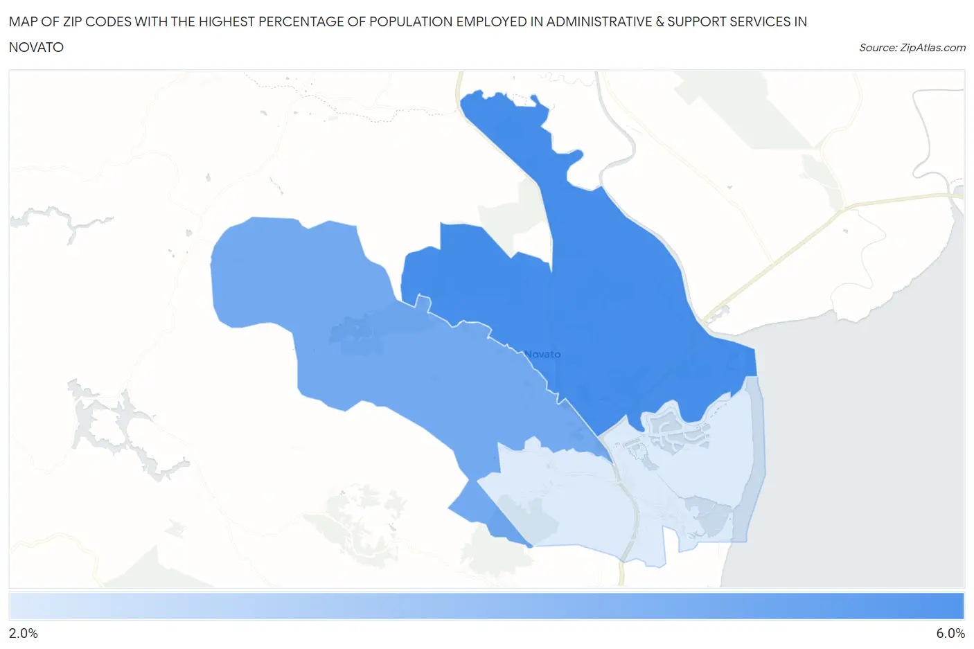 Zip Codes with the Highest Percentage of Population Employed in Administrative & Support Services in Novato Map