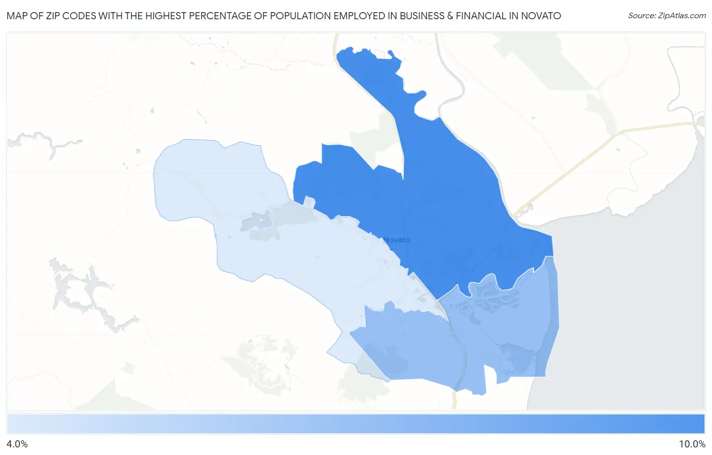 Zip Codes with the Highest Percentage of Population Employed in Business & Financial in Novato Map