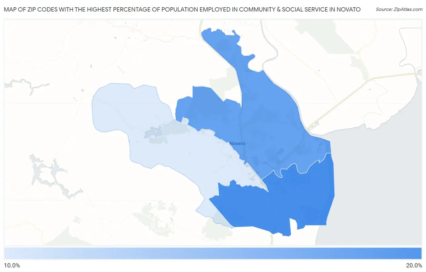 Zip Codes with the Highest Percentage of Population Employed in Community & Social Service  in Novato Map