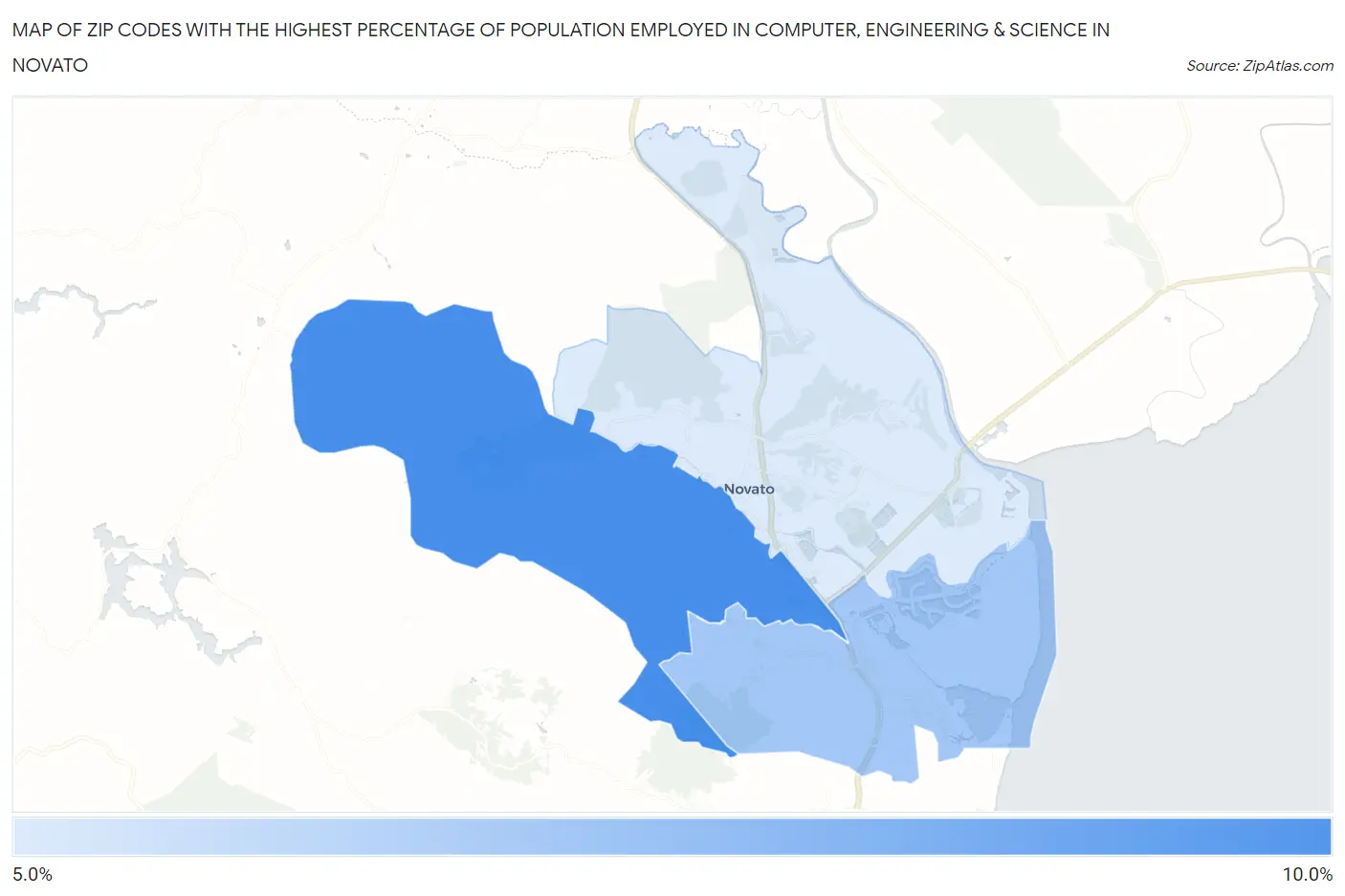 Zip Codes with the Highest Percentage of Population Employed in Computer, Engineering & Science in Novato Map