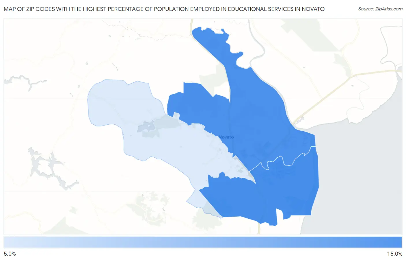Zip Codes with the Highest Percentage of Population Employed in Educational Services in Novato Map