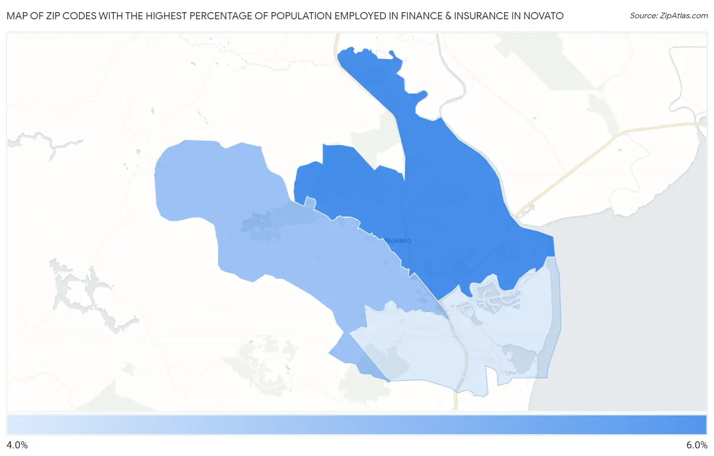 Zip Codes with the Highest Percentage of Population Employed in Finance & Insurance in Novato Map