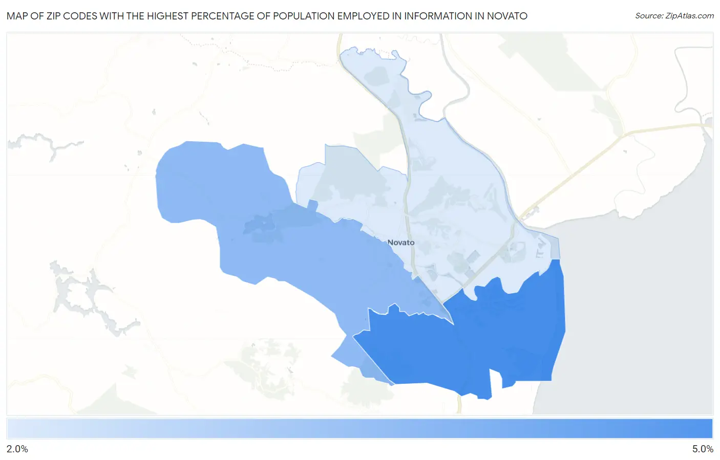 Zip Codes with the Highest Percentage of Population Employed in Information in Novato Map