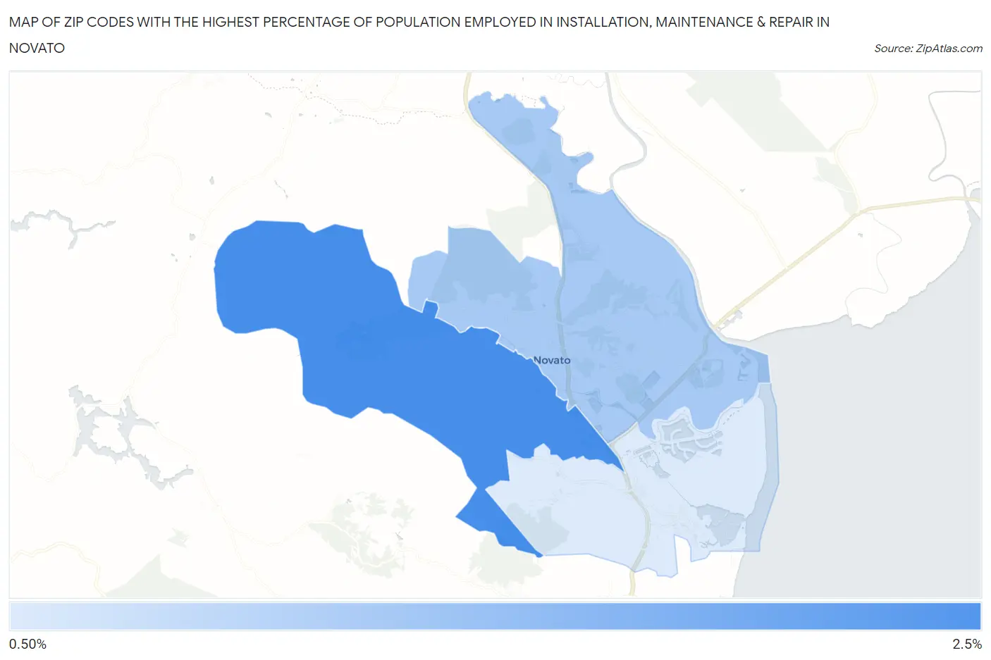 Zip Codes with the Highest Percentage of Population Employed in Installation, Maintenance & Repair in Novato Map