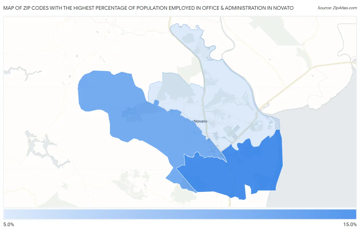 Zip Codes with the Highest Percentage of Population Employed in Office & Administration in Novato Map