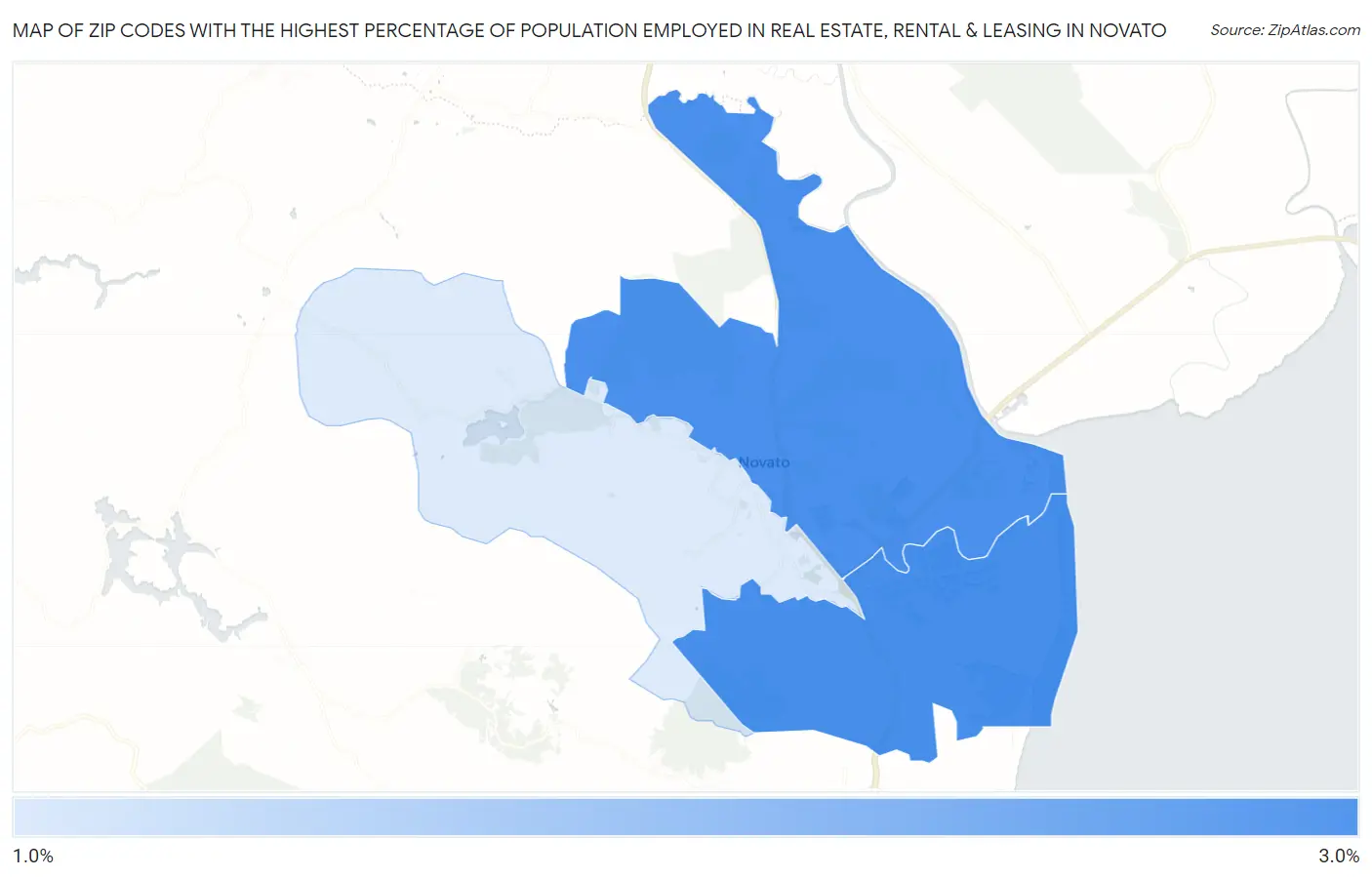 Zip Codes with the Highest Percentage of Population Employed in Real Estate, Rental & Leasing in Novato Map