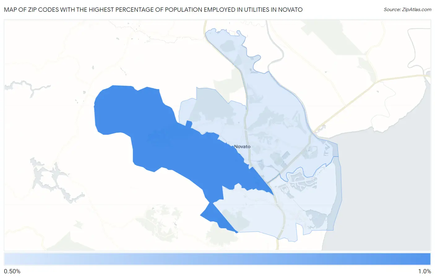 Zip Codes with the Highest Percentage of Population Employed in Utilities in Novato Map