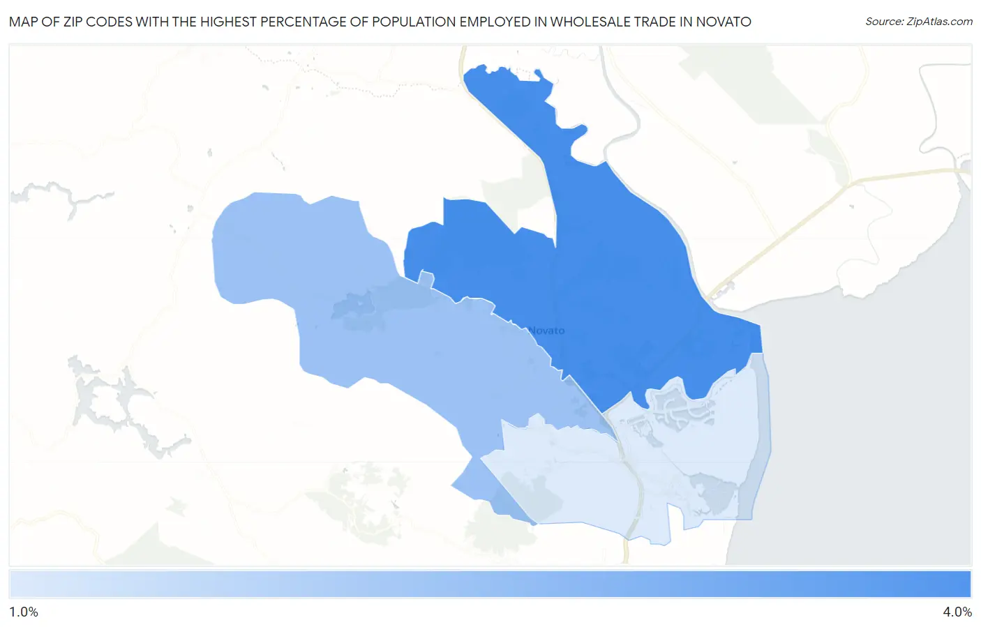 Zip Codes with the Highest Percentage of Population Employed in Wholesale Trade in Novato Map