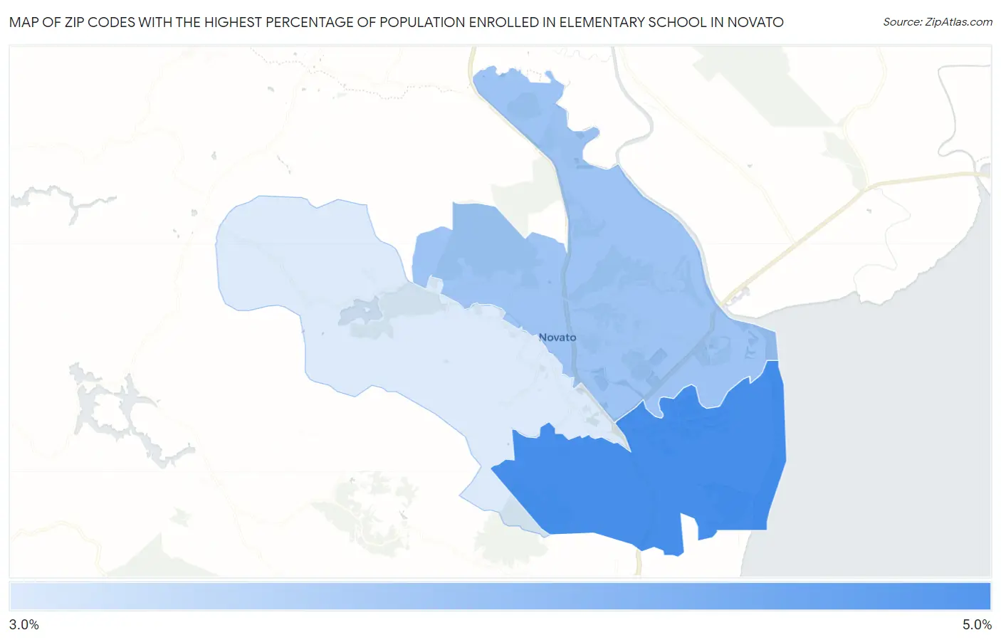 Zip Codes with the Highest Percentage of Population Enrolled in Elementary School in Novato Map