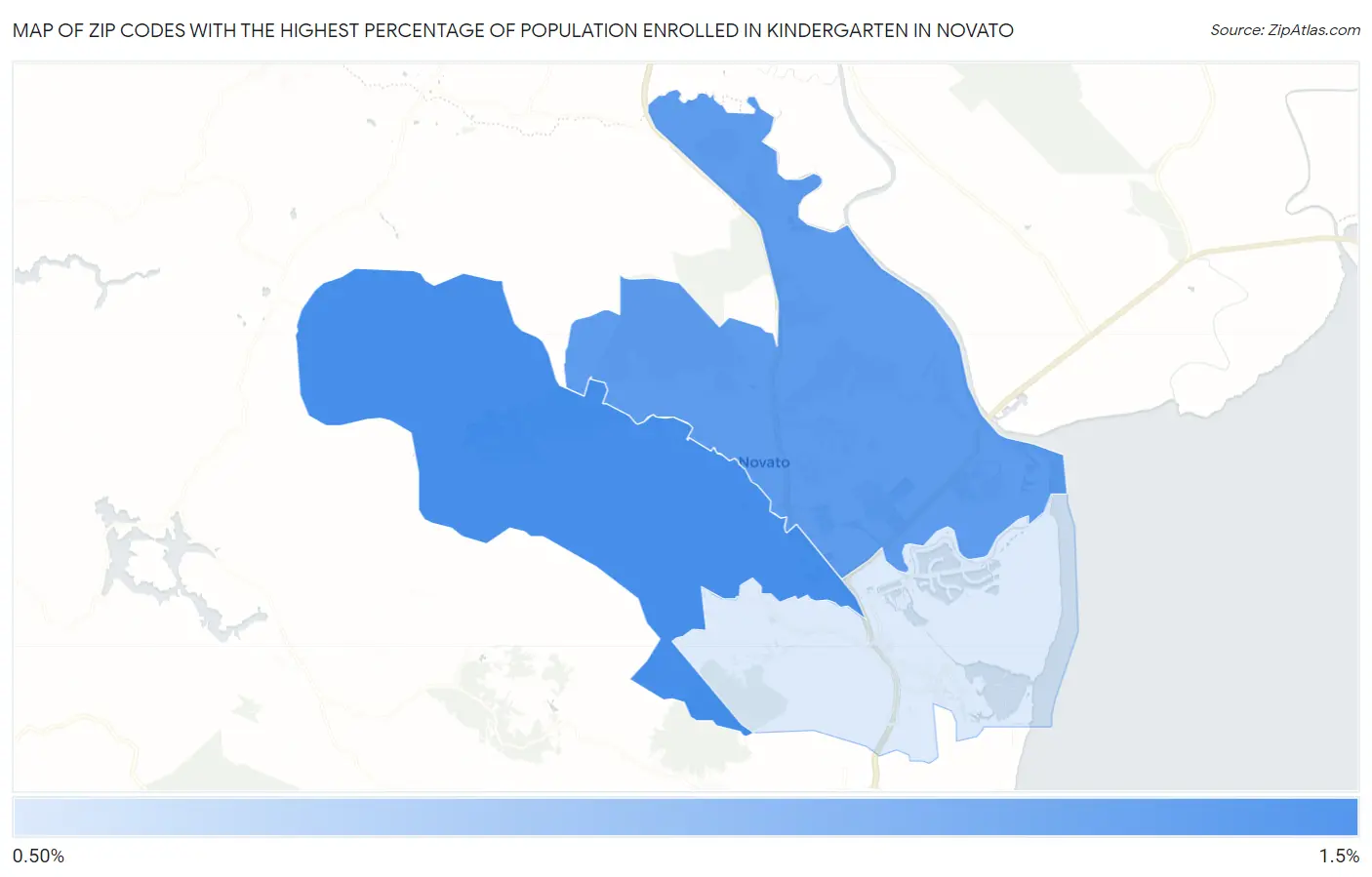 Zip Codes with the Highest Percentage of Population Enrolled in Kindergarten in Novato Map