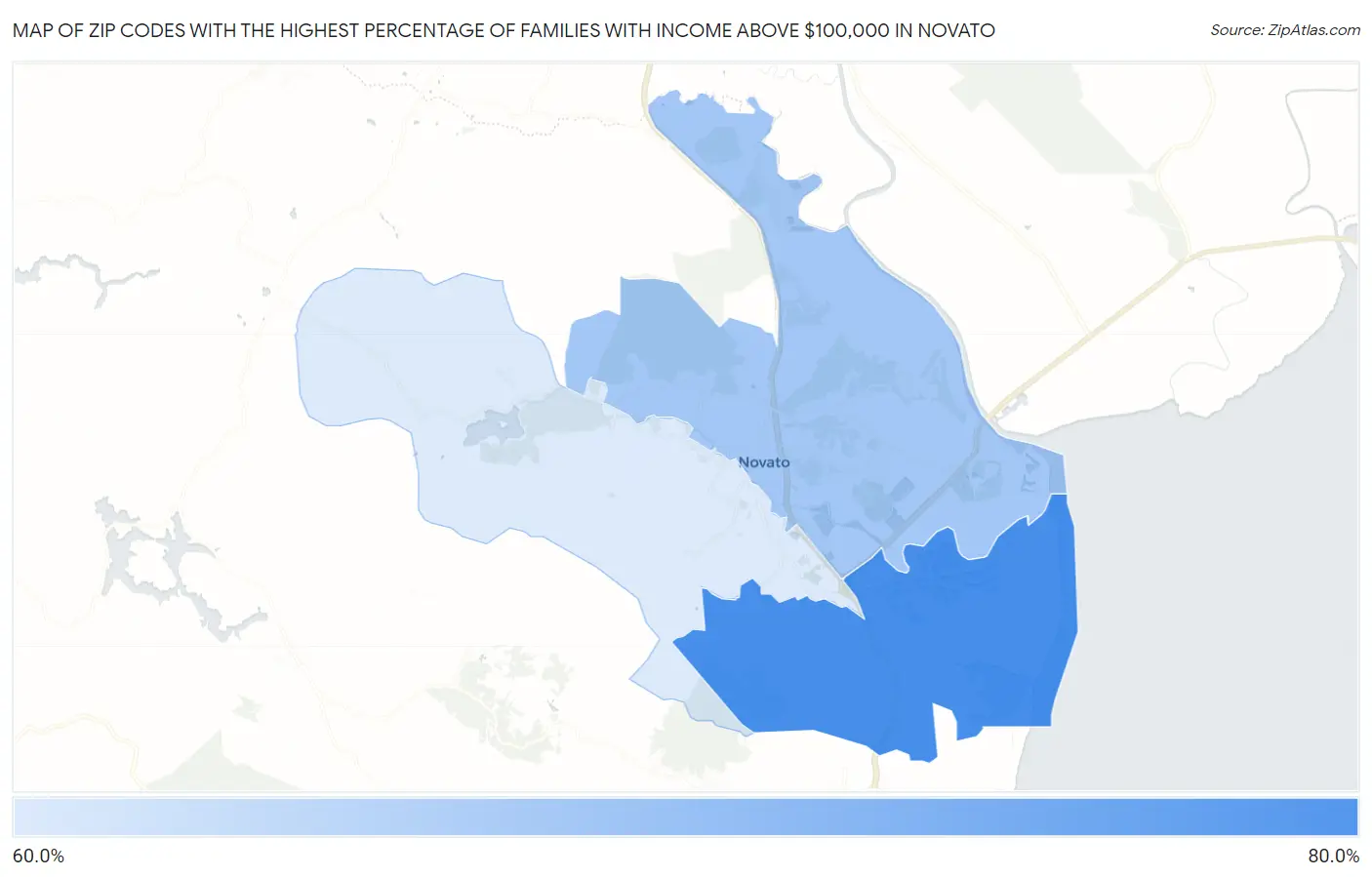 Zip Codes with the Highest Percentage of Families with Income Above $100,000 in Novato Map