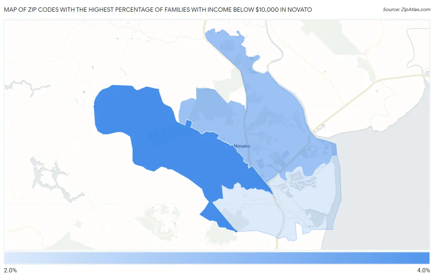 Zip Codes with the Highest Percentage of Families with Income Below $10,000 in Novato Map