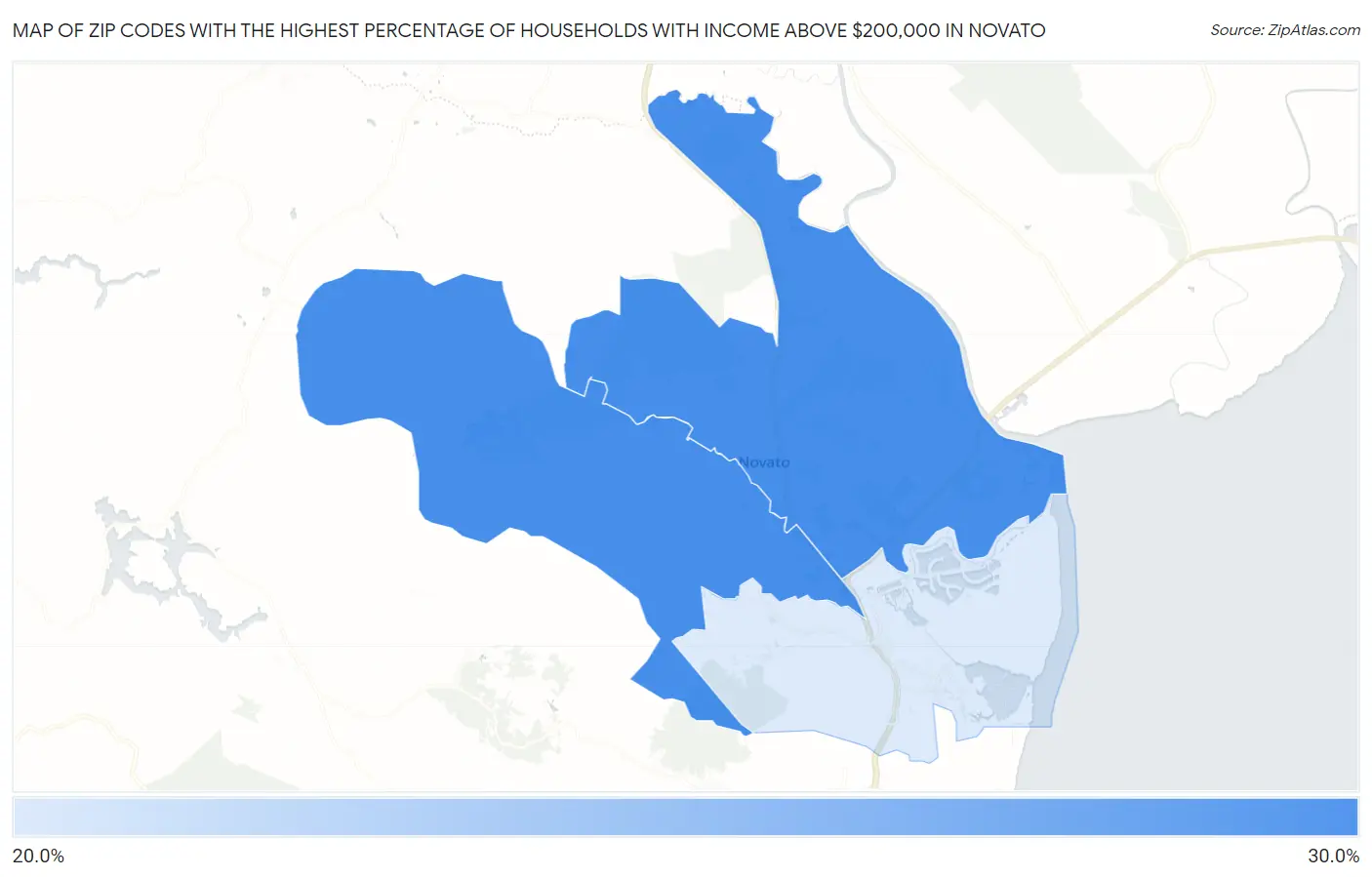 Zip Codes with the Highest Percentage of Households with Income Above $200,000 in Novato Map