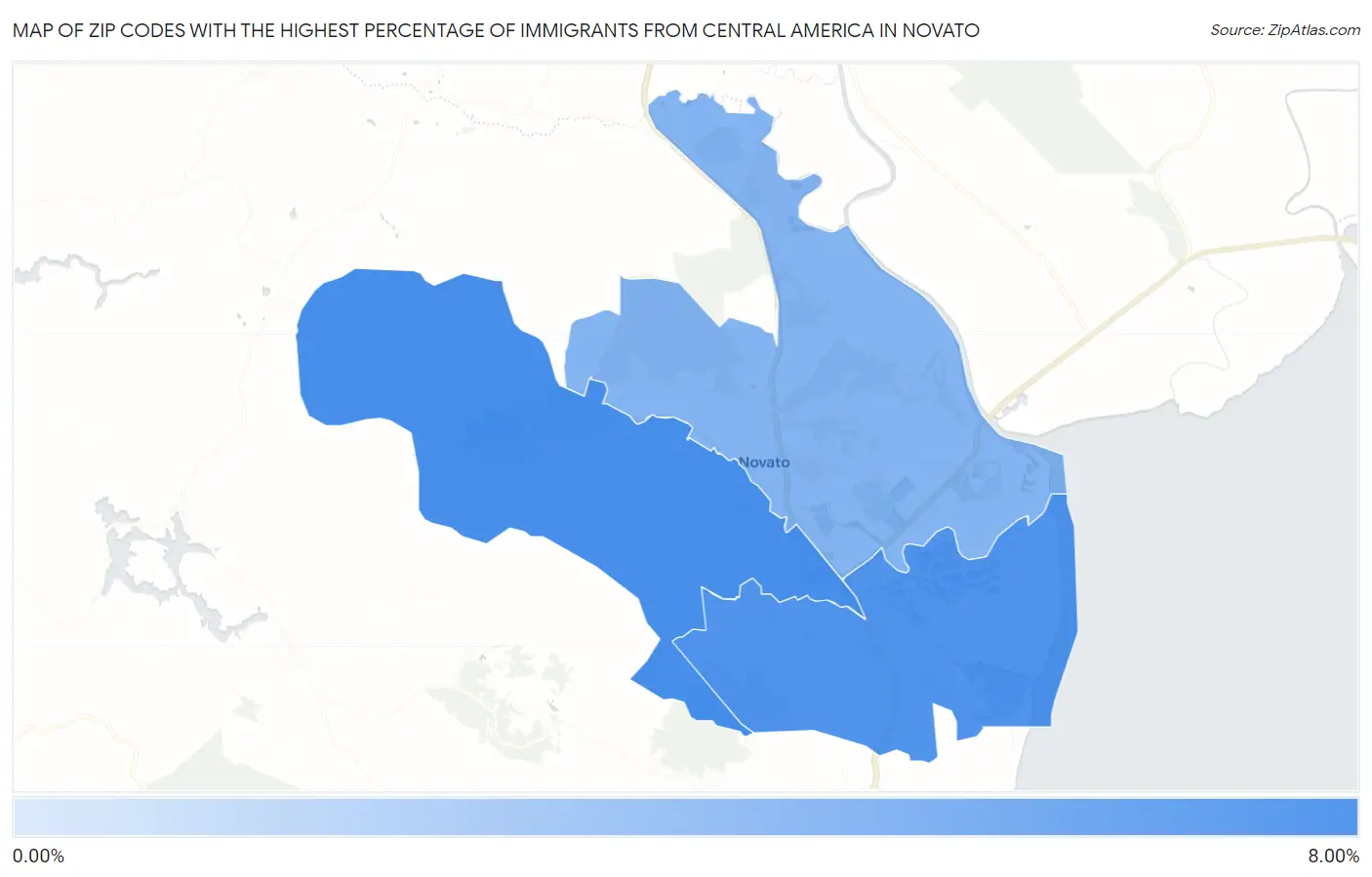 Zip Codes with the Highest Percentage of Immigrants from Central America in Novato Map