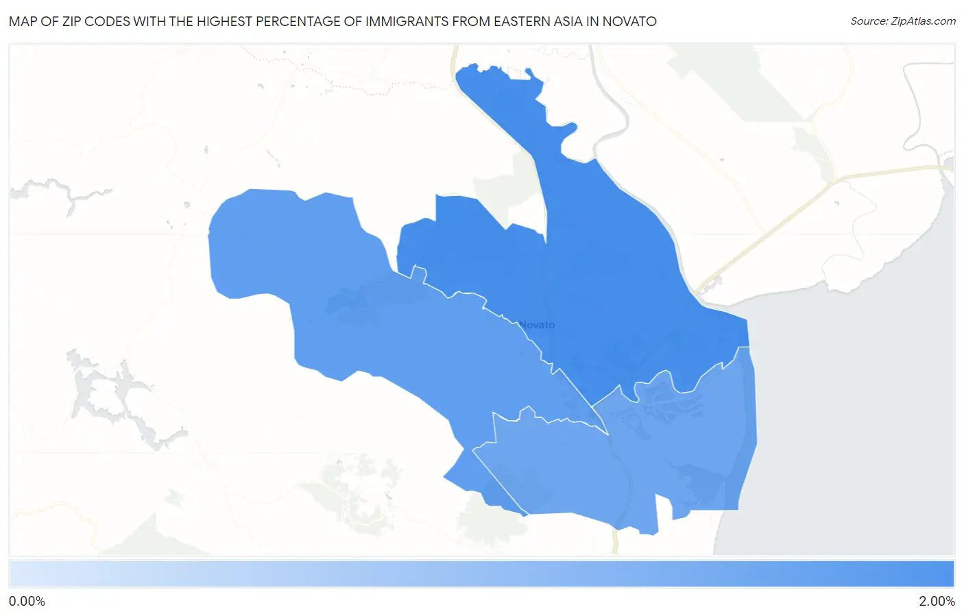 Zip Codes with the Highest Percentage of Immigrants from Eastern Asia in Novato Map