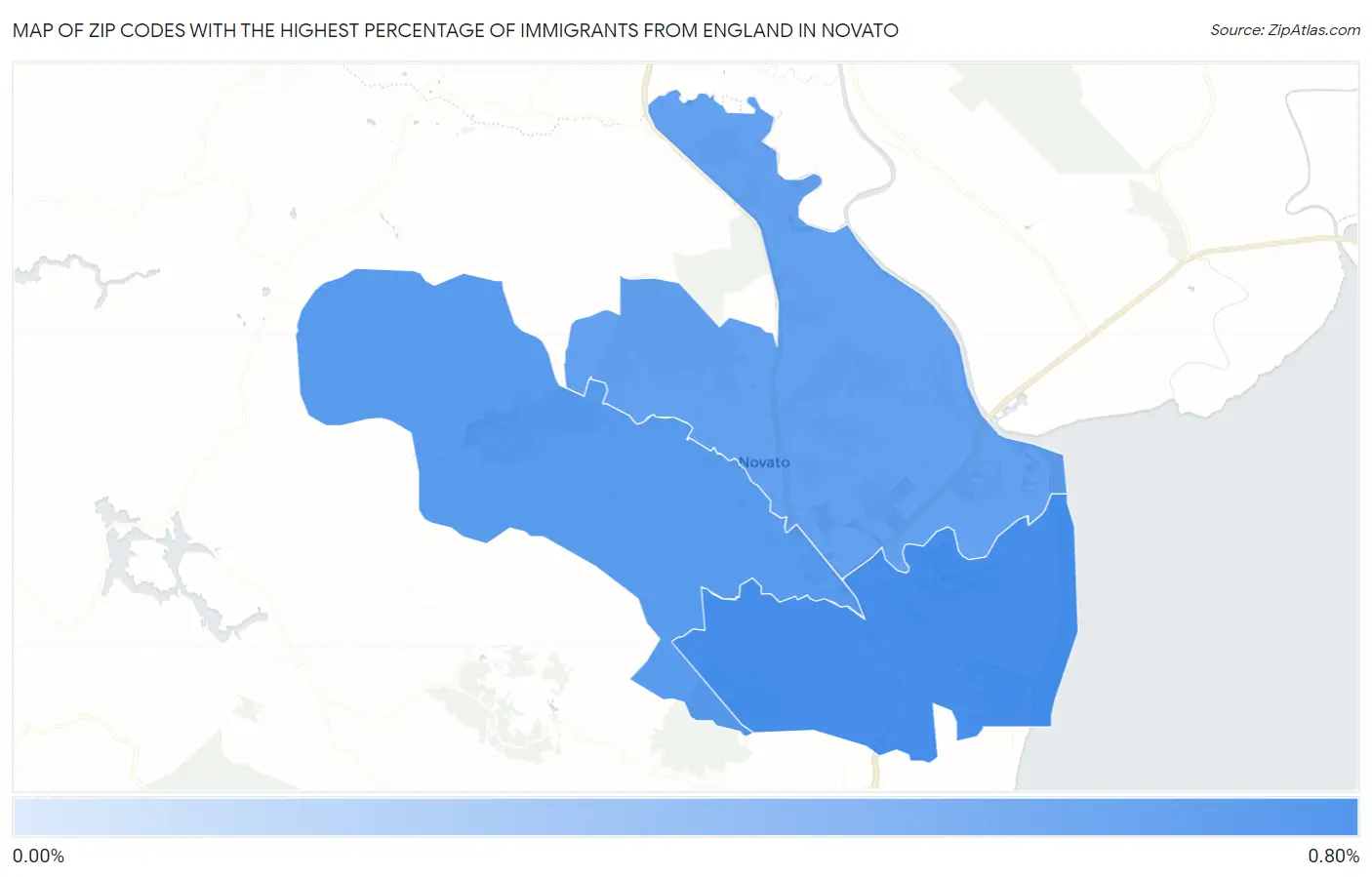 Zip Codes with the Highest Percentage of Immigrants from England in Novato Map