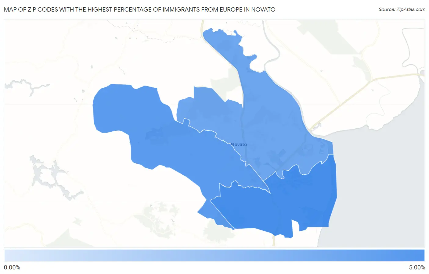 Zip Codes with the Highest Percentage of Immigrants from Europe in Novato Map