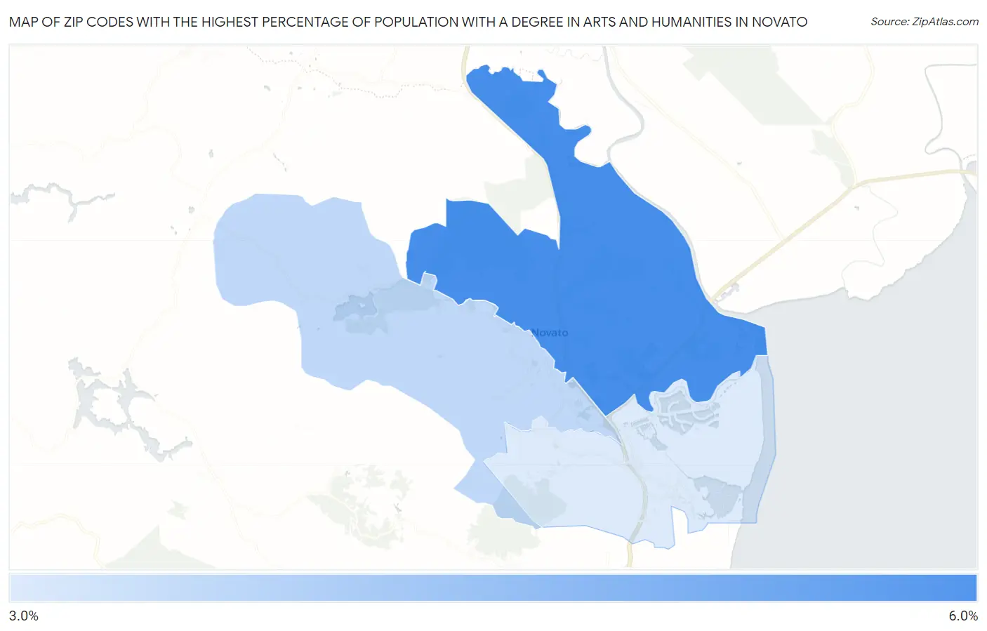 Zip Codes with the Highest Percentage of Population with a Degree in Arts and Humanities in Novato Map