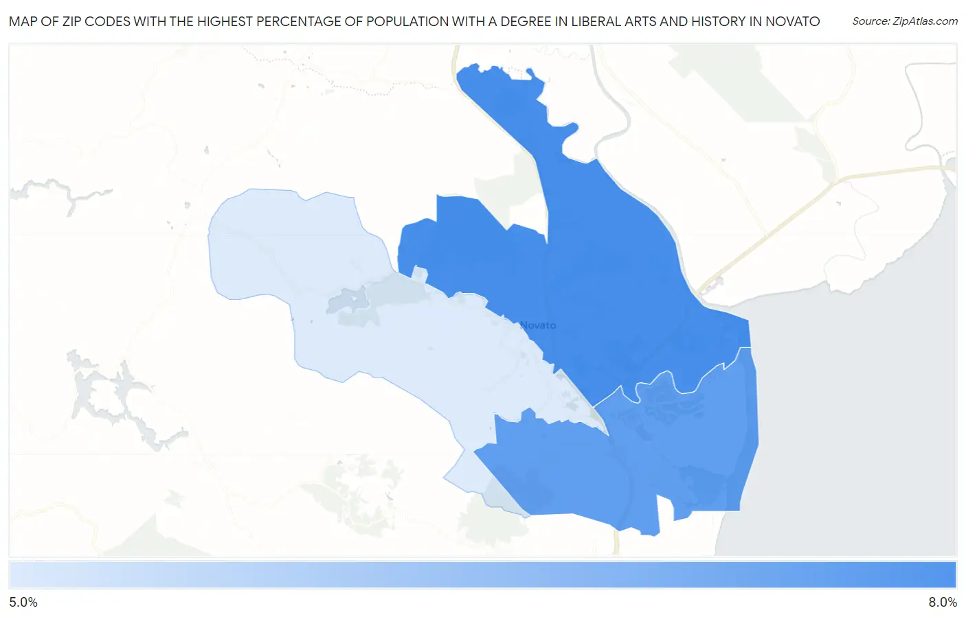 Zip Codes with the Highest Percentage of Population with a Degree in Liberal Arts and History in Novato Map
