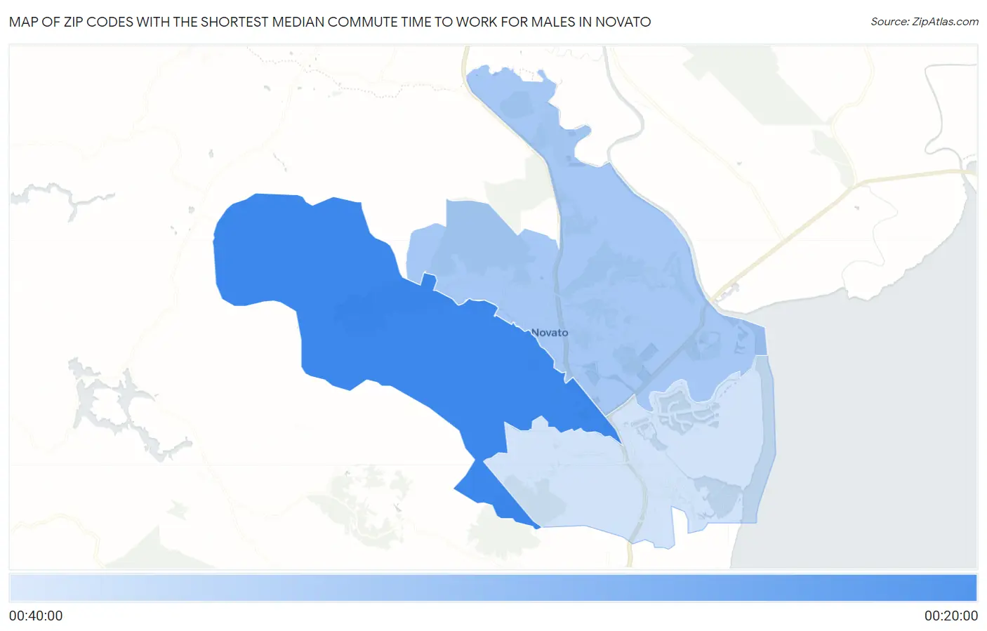 Zip Codes with the Shortest Median Commute Time to Work for Males in Novato Map