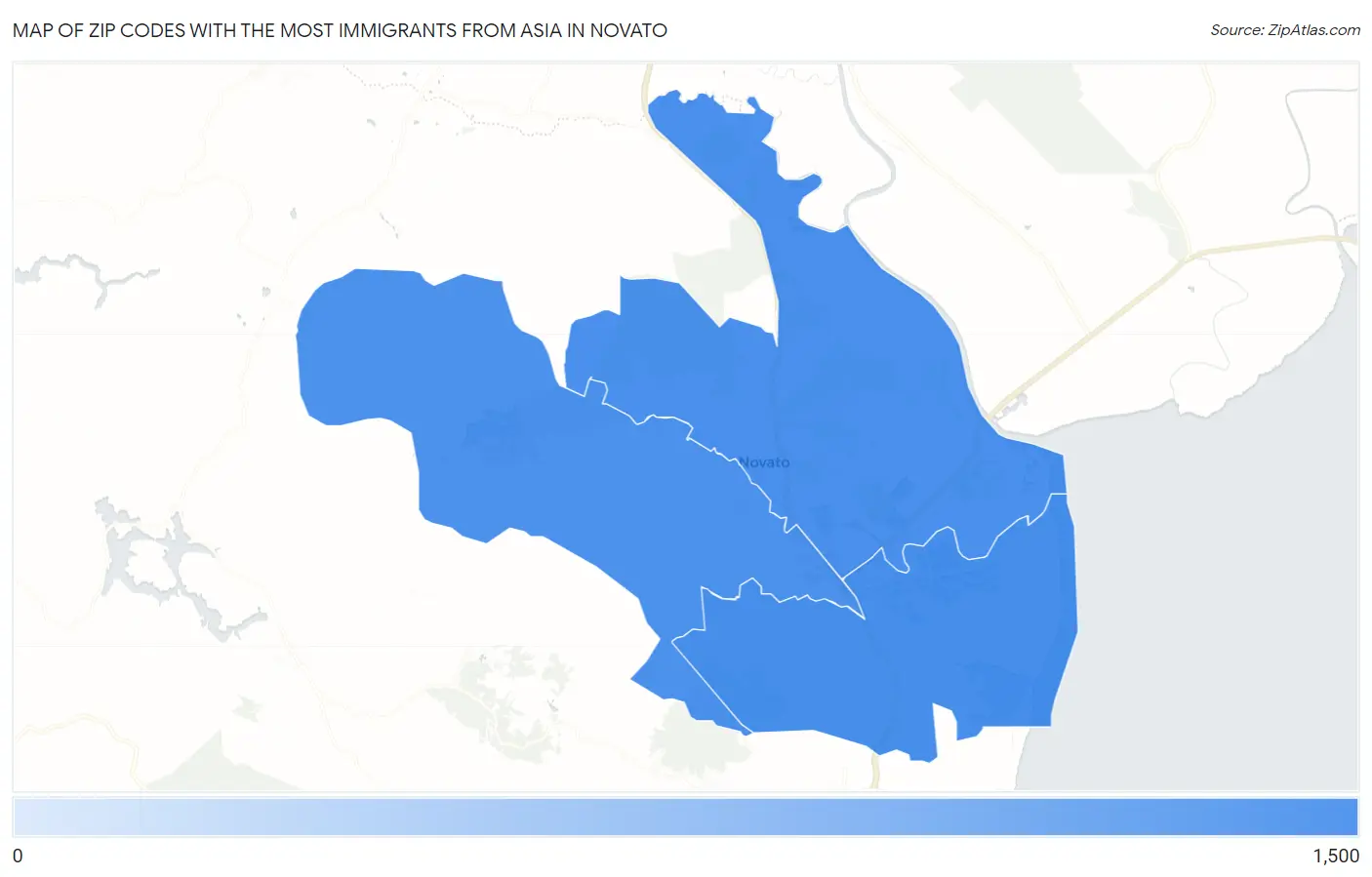Zip Codes with the Most Immigrants from Asia in Novato Map