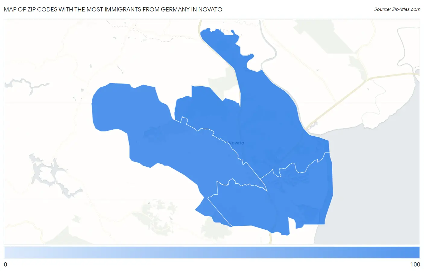 Zip Codes with the Most Immigrants from Germany in Novato Map