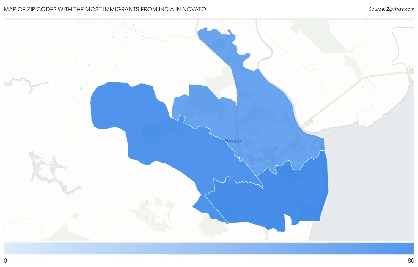 Zip Codes with the Most Immigrants from India in Novato Map