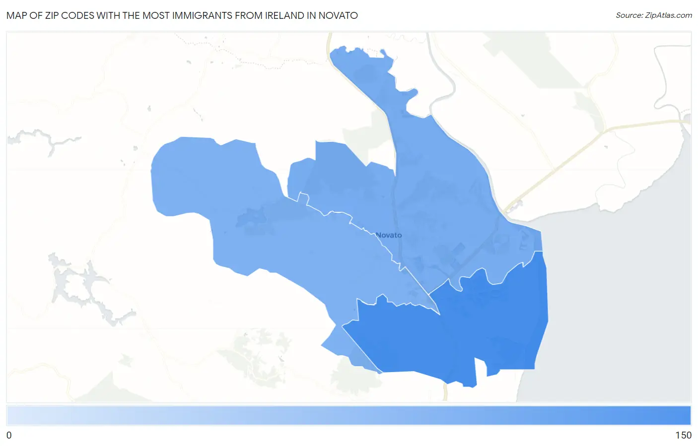 Zip Codes with the Most Immigrants from Ireland in Novato Map