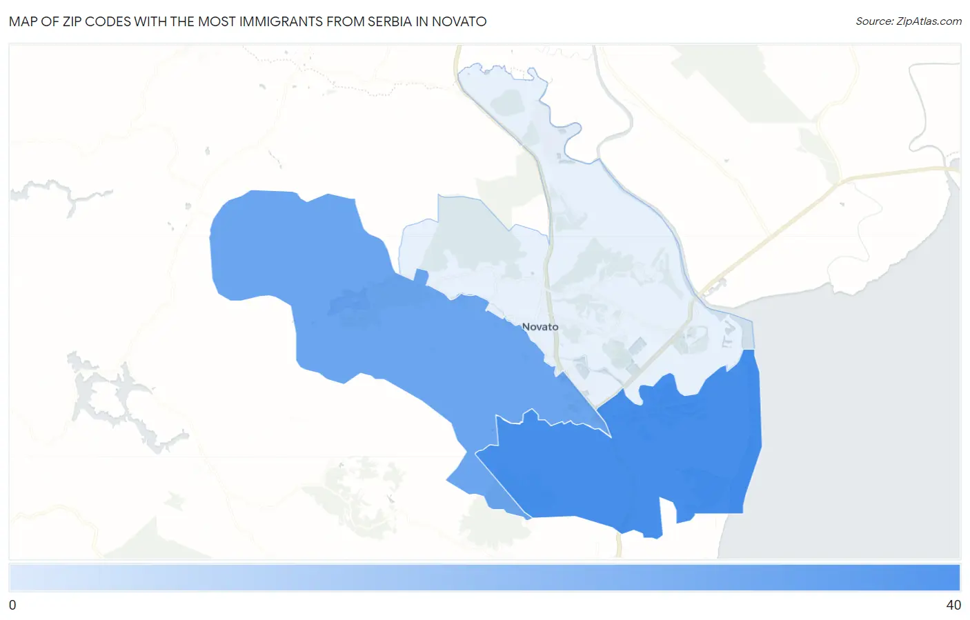 Zip Codes with the Most Immigrants from Serbia in Novato Map