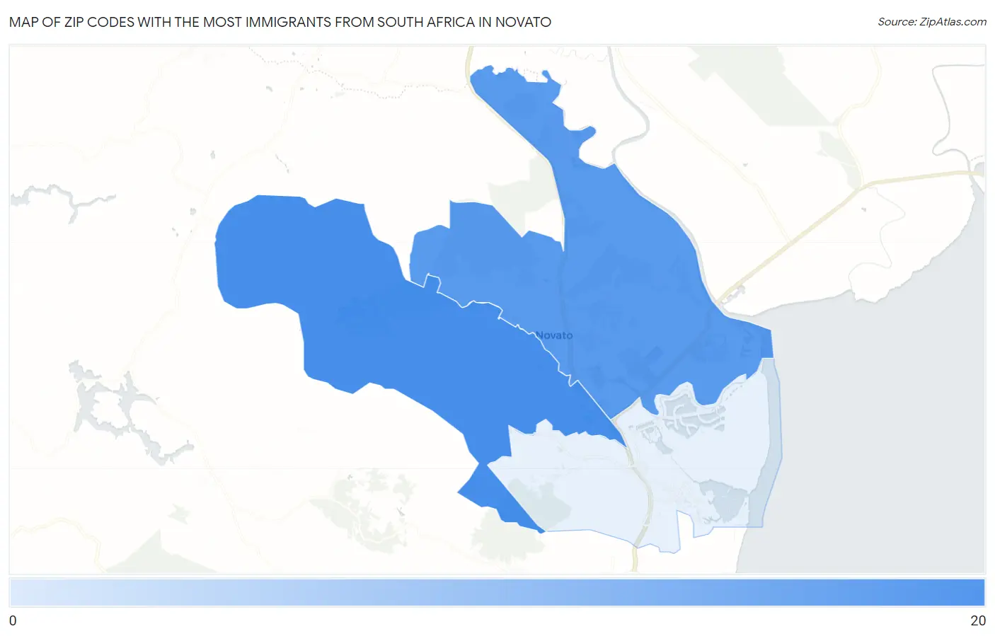 Zip Codes with the Most Immigrants from South Africa in Novato Map