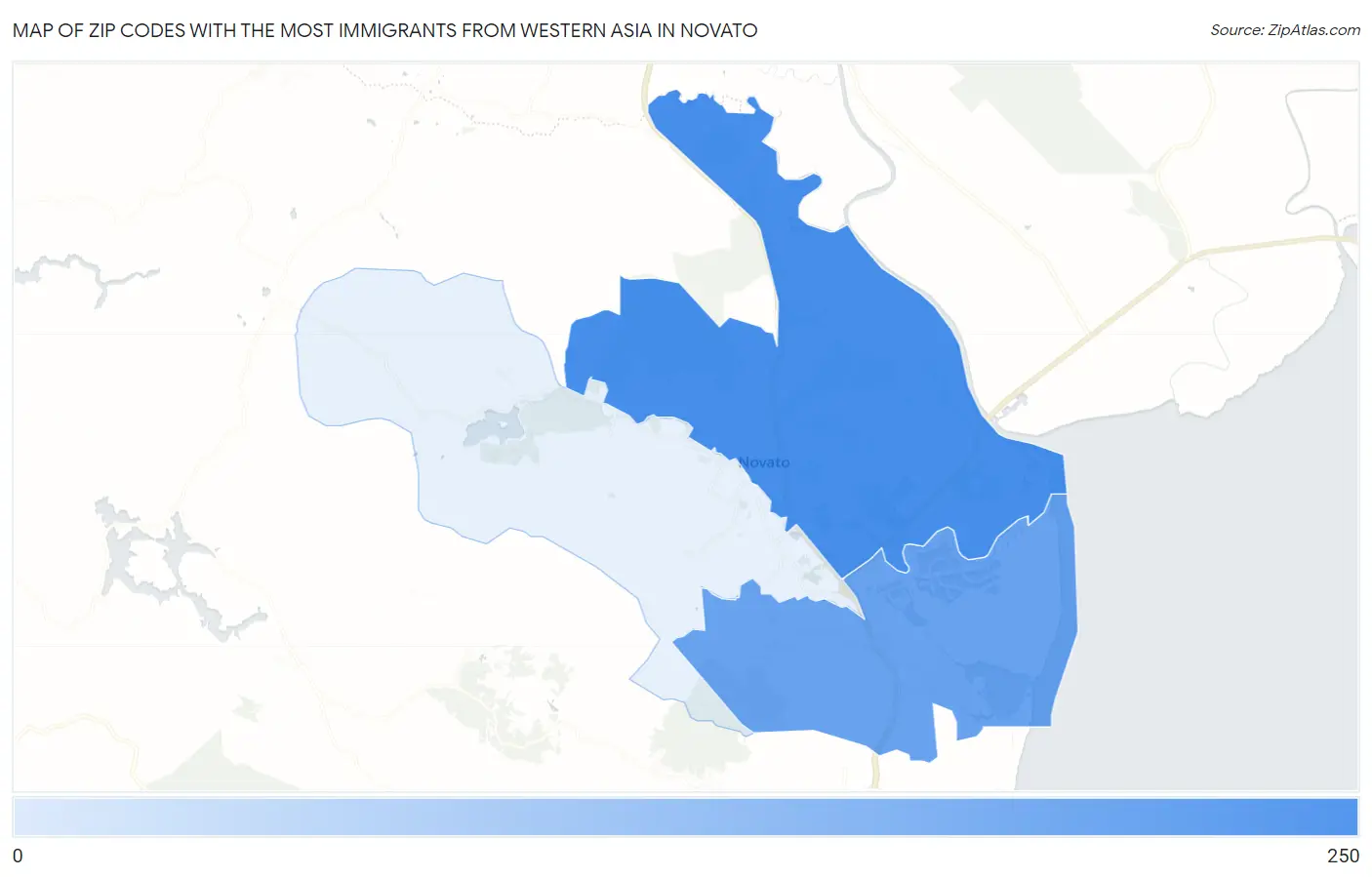 Zip Codes with the Most Immigrants from Western Asia in Novato Map