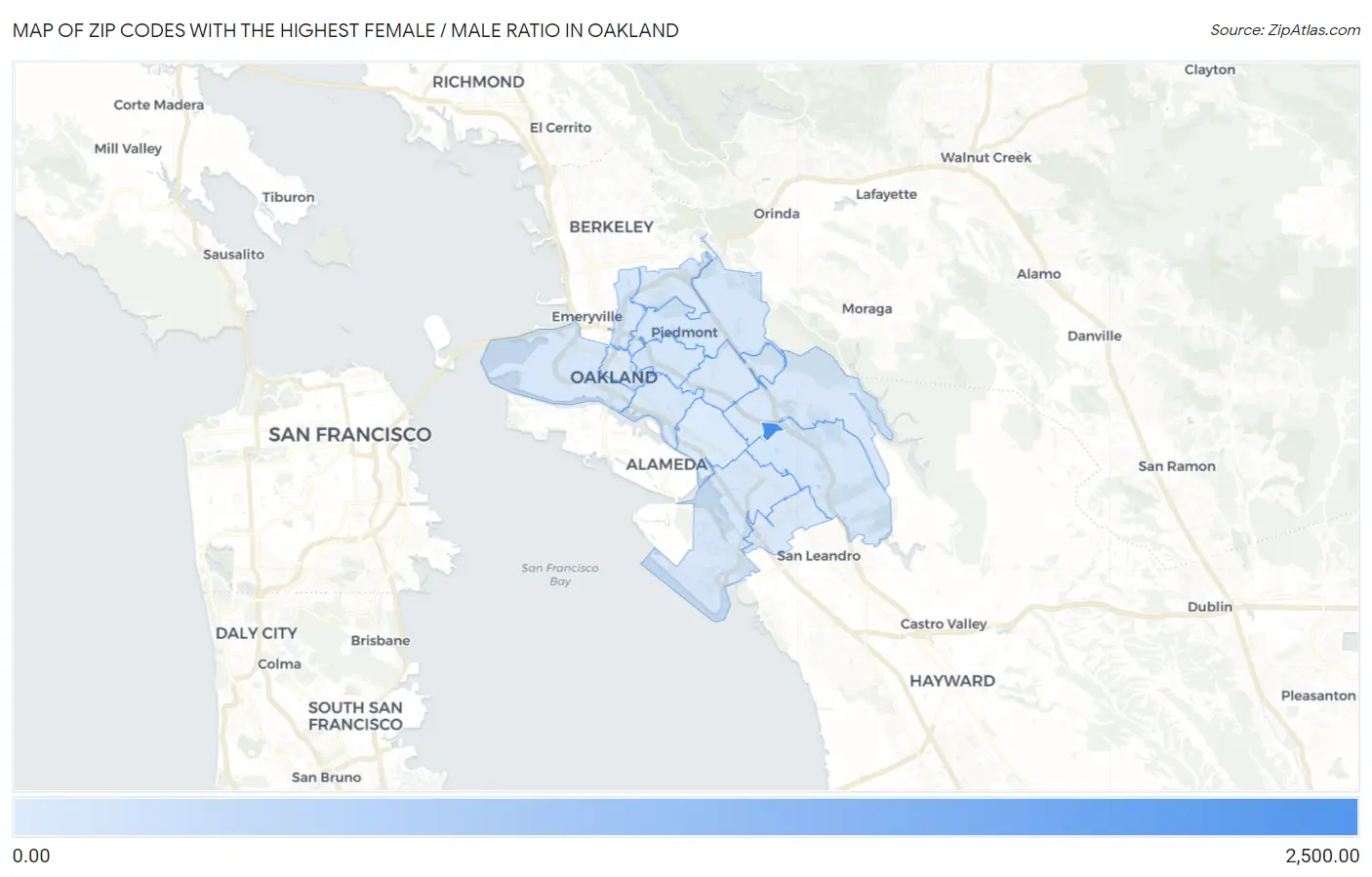 Zip Codes with the Highest Female / Male Ratio in Oakland Map