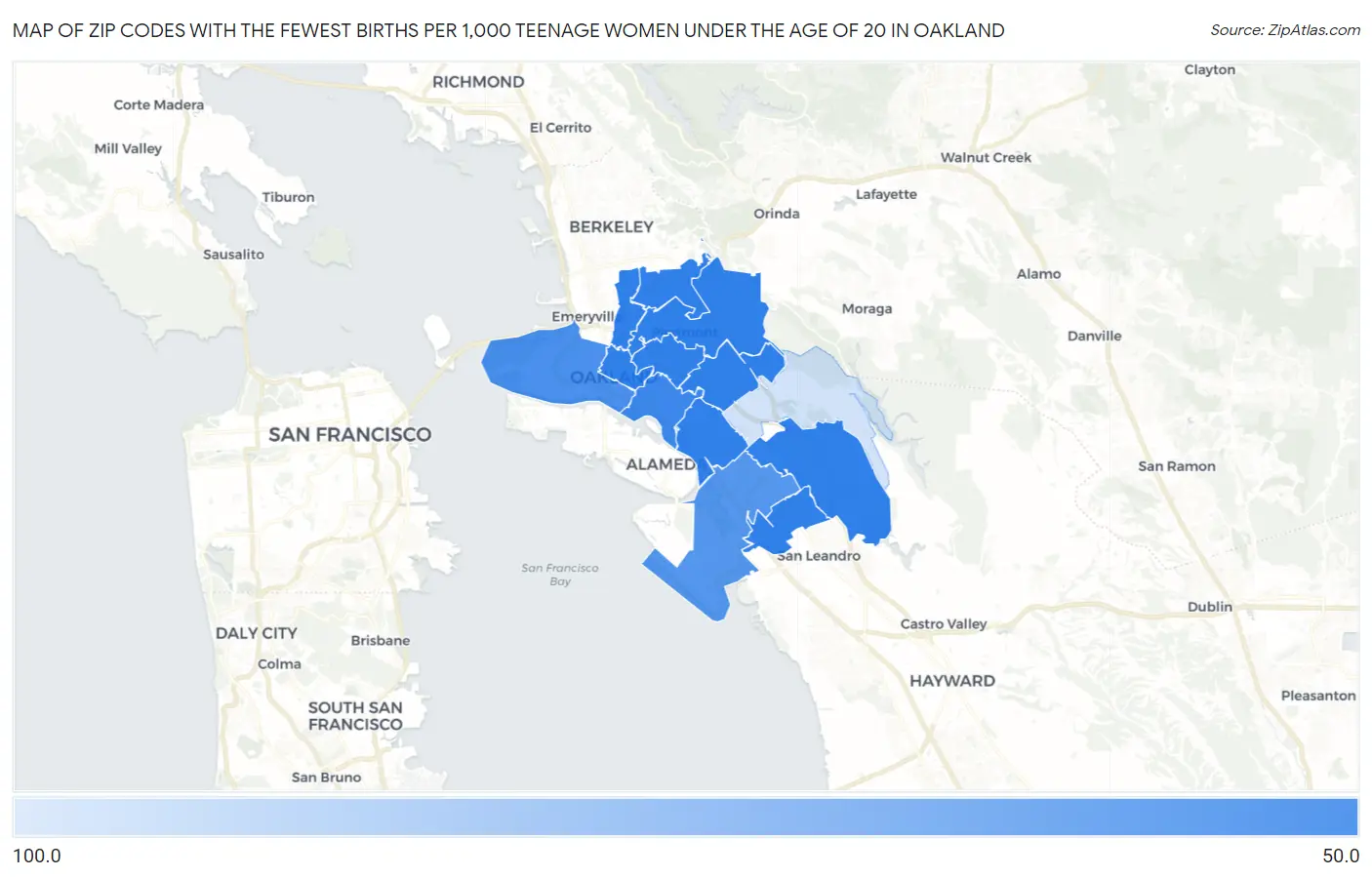Zip Codes with the Fewest Births per 1,000 Teenage Women Under the Age of 20 in Oakland Map