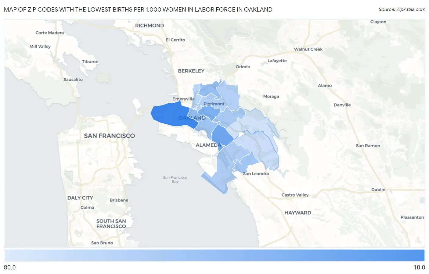 Zip Codes with the Lowest Births per 1,000 Women in Labor Force in Oakland Map