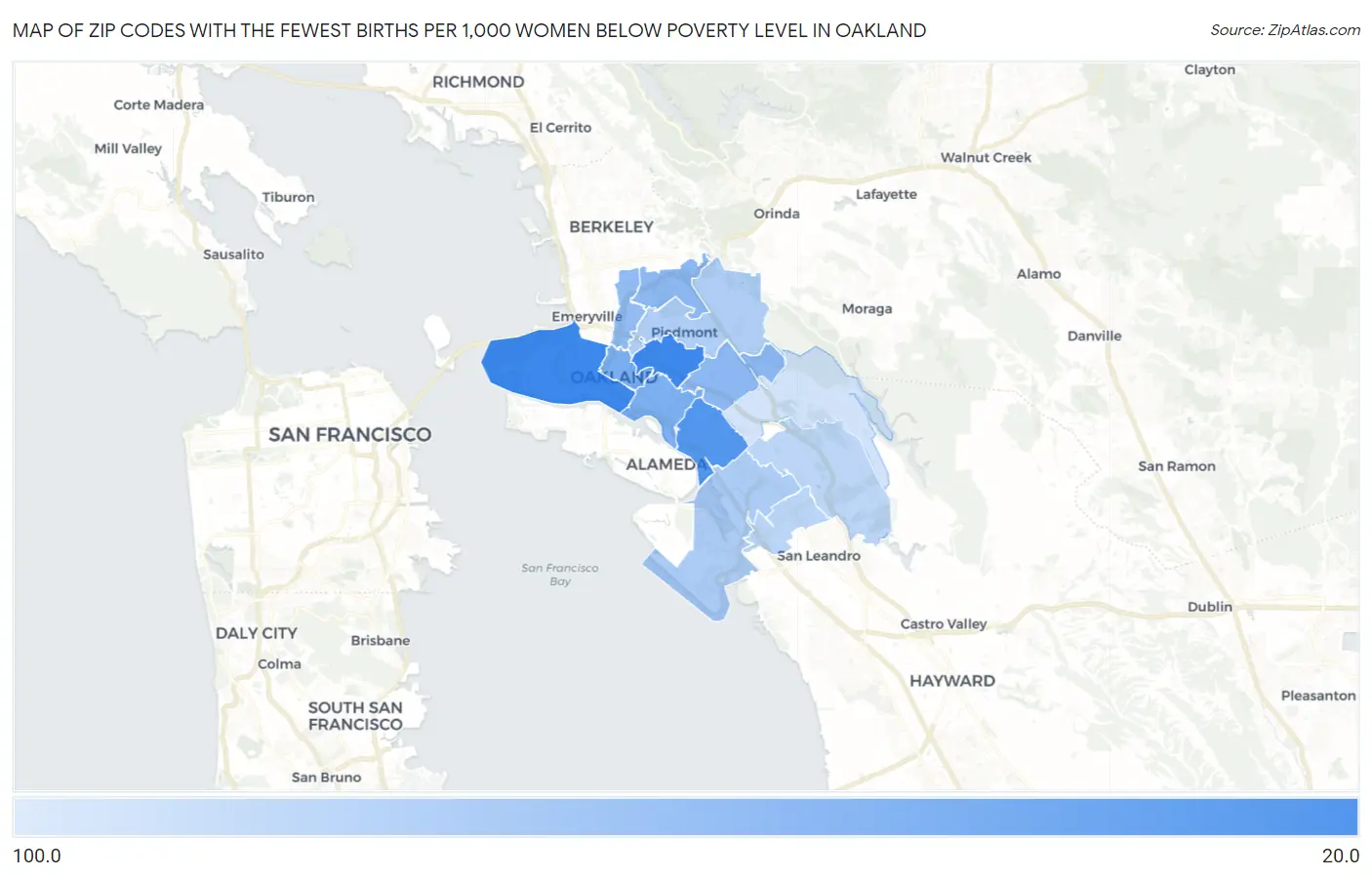 Zip Codes with the Fewest Births per 1,000 Women Below Poverty Level in Oakland Map