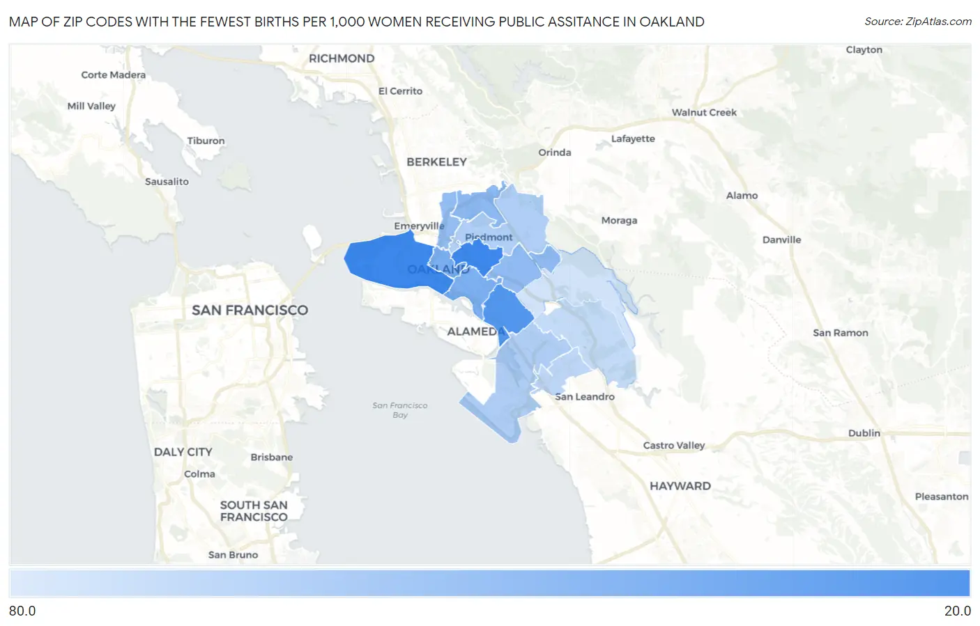 Zip Codes with the Fewest Births per 1,000 Women Receiving Public Assitance in Oakland Map