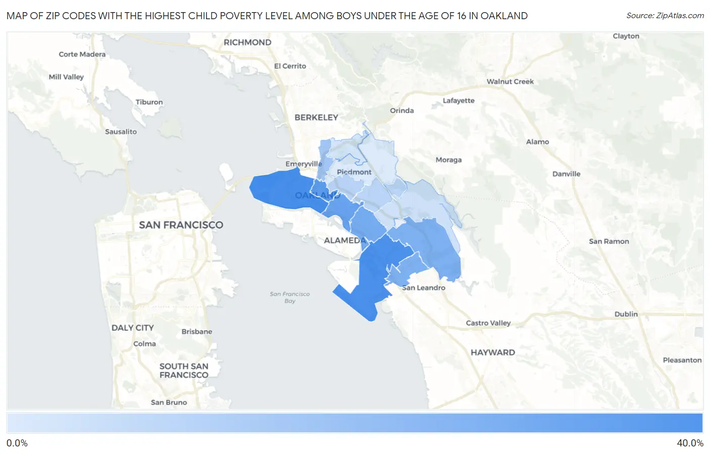Zip Codes with the Highest Child Poverty Level Among Boys Under the Age of 16 in Oakland Map