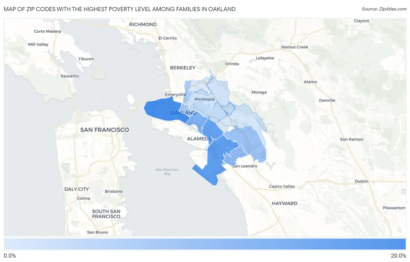 Zip Codes with the Highest Poverty Level Among Families in Oakland Map