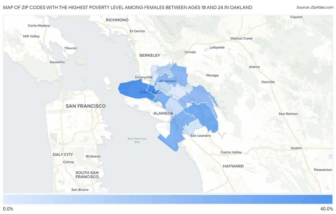 Zip Codes with the Highest Poverty Level Among Females Between Ages 18 and 24 in Oakland Map