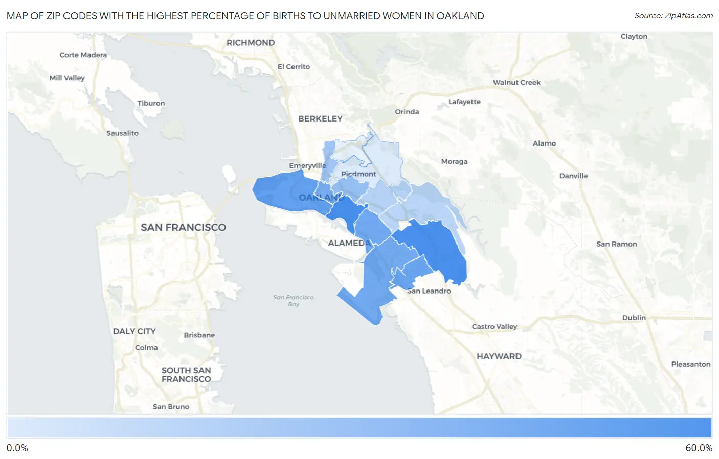 Zip Codes with the Highest Percentage of Births to Unmarried Women in Oakland Map