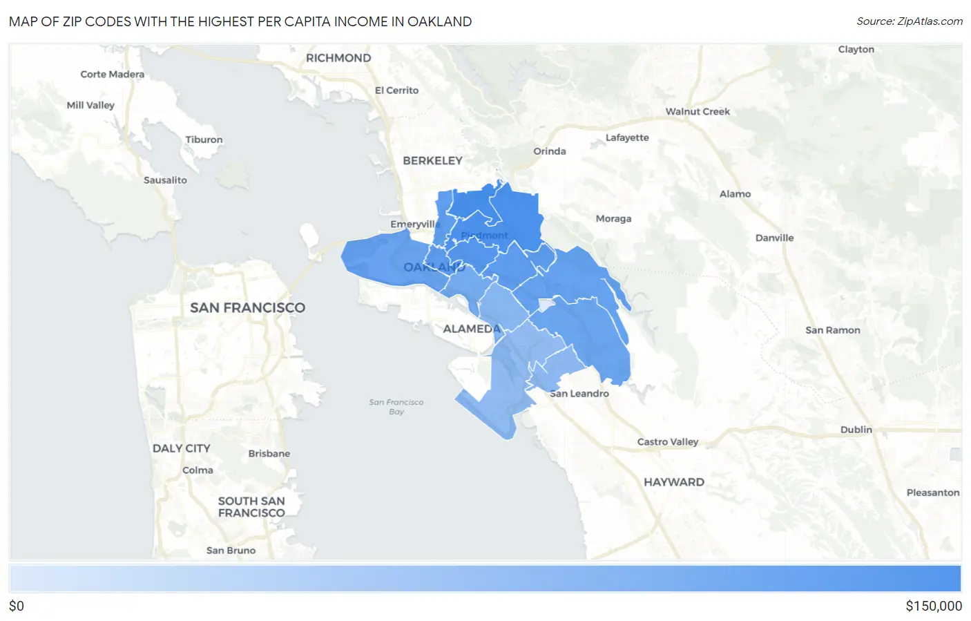 Zip Codes with the Highest Per Capita Income in Oakland Map