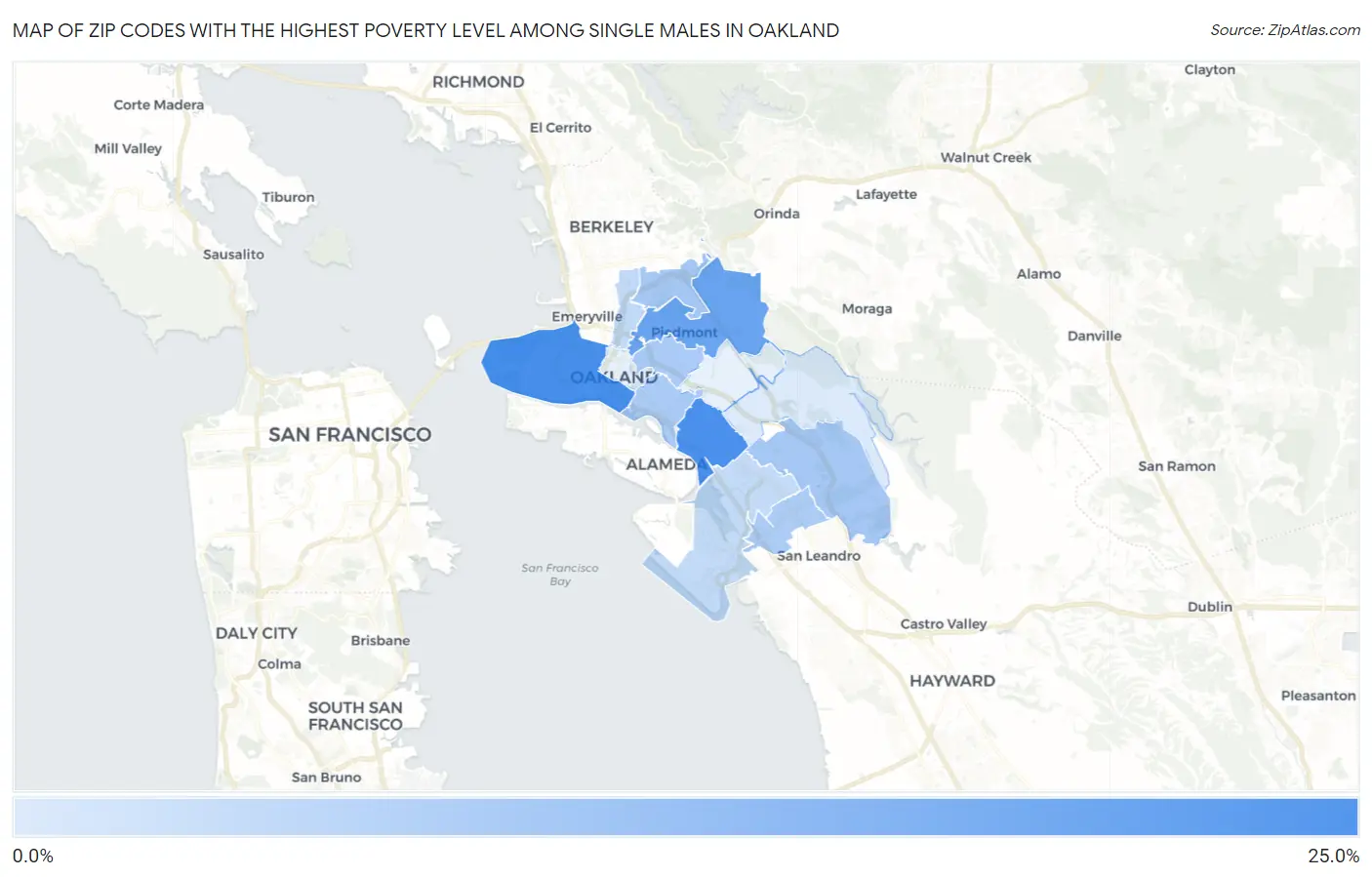 Zip Codes with the Highest Poverty Level Among Single Males in Oakland Map
