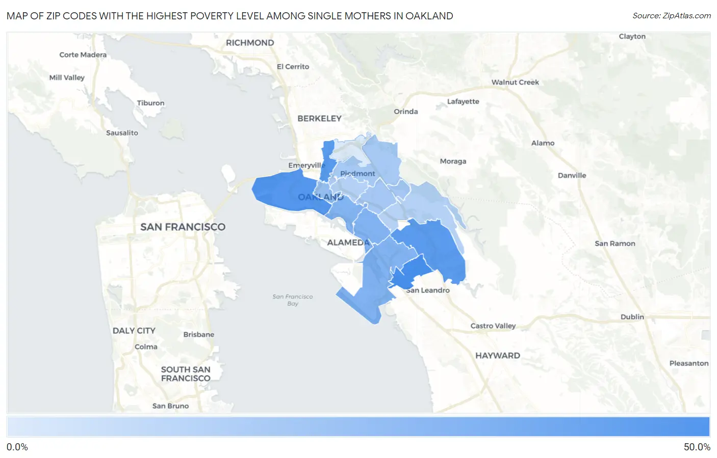 Zip Codes with the Highest Poverty Level Among Single Mothers in Oakland Map